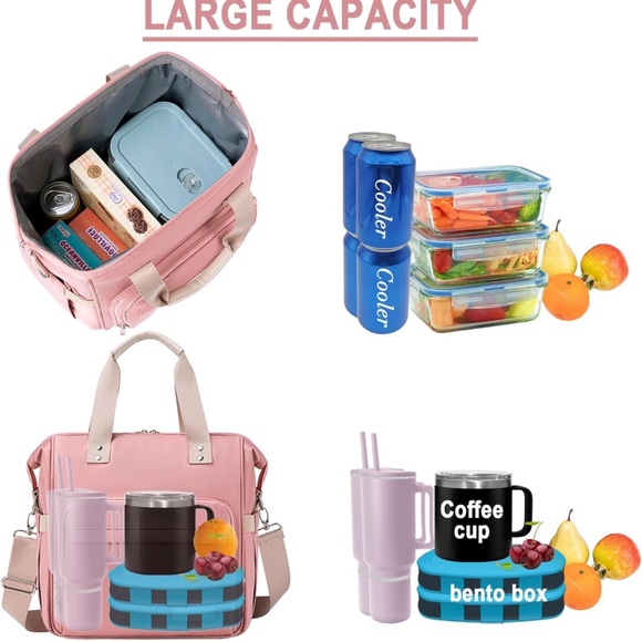 Women's Lunch Bag for Work Insulated Extra Large Cute Pink Lunch Bag - Picture 4 of 7